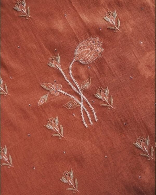 Orange Mal Chanderi Silk Chikankari With Sequins Unstitched Kurta Dupatta Set - Image 6