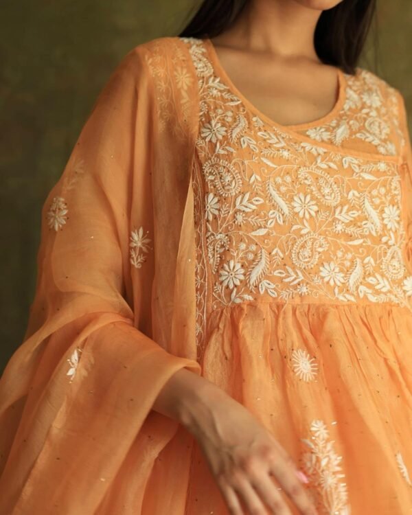 Orange Noor Organza Silk Fine Chikankari with Kamdani Ready to Wear Angarkha - Image 2