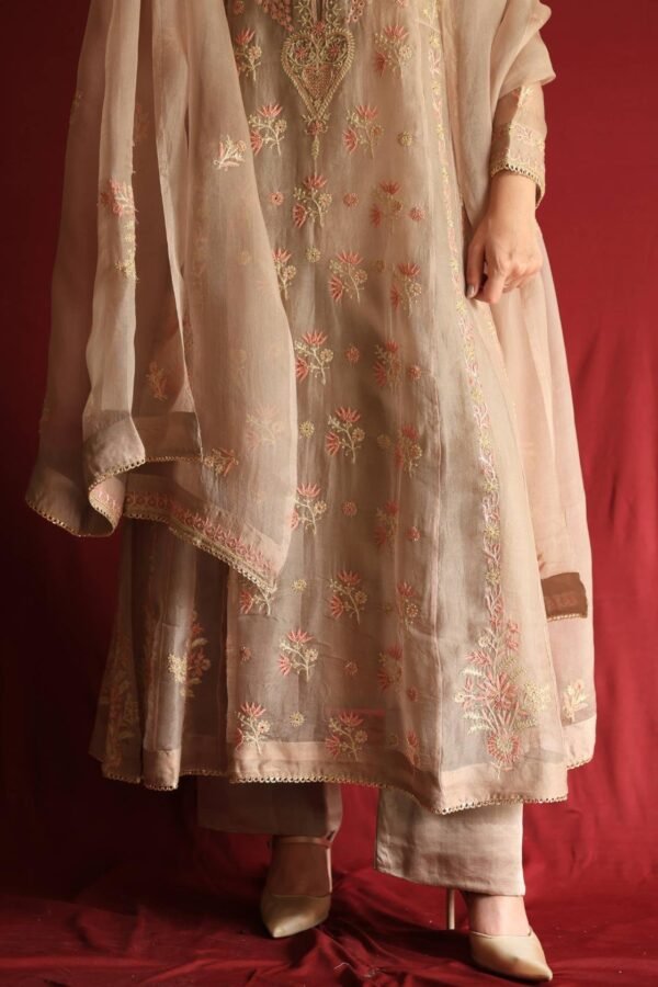 Pastel Beige Noor Organza Chikankari Anarkali With Dupatta - Image 8