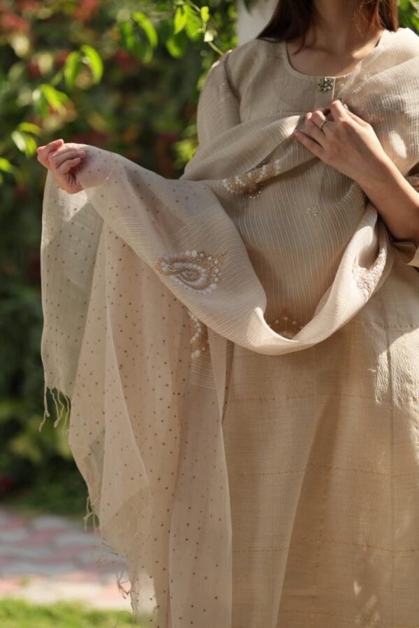 Pastel Beige Zari Kota Ready to Wear Kurta Set - Image 5