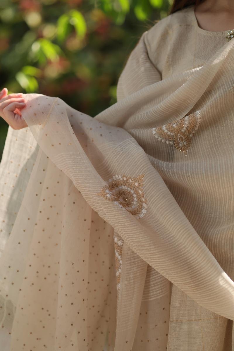 Pastel Beige Zari Kota Ready to Wear Kurta Set