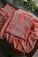 Peach Mal Cotton Chikankari Unstitched Kurta Dupatta Fabrics With Kamdani