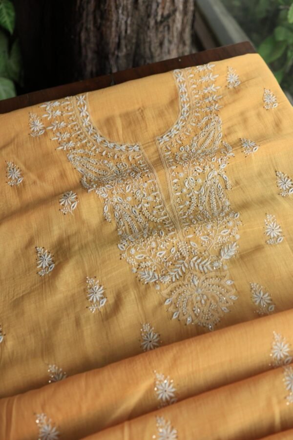 Peach Mal Cotton Chikankari Unstitched Kurta Dupatta Fabrics With Kamdani - Image 7