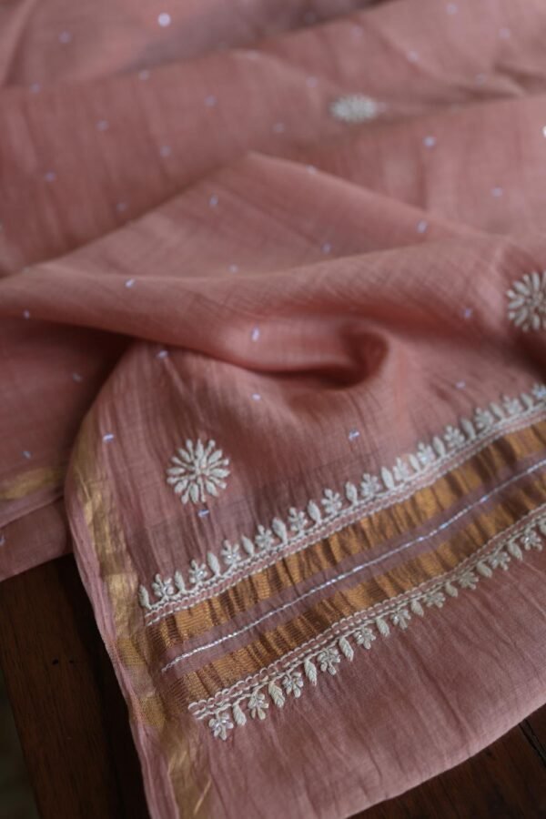 Peach Malmals Pearl Work Chikankari Fabrics - Image 12
