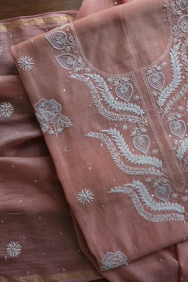 Peach Malmals Pearl Work Chikankari Fabrics - Image 7