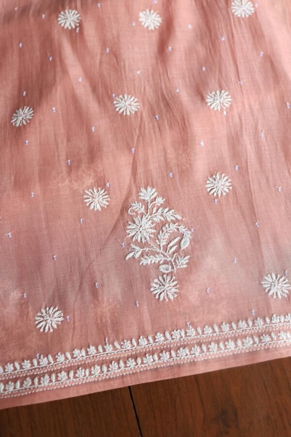 Peach Malmals Pearl Work Chikankari Fabrics - Image 13