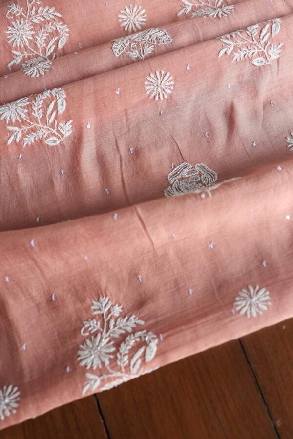 Peach Malmals Pearl Work Chikankari Fabrics - Image 9