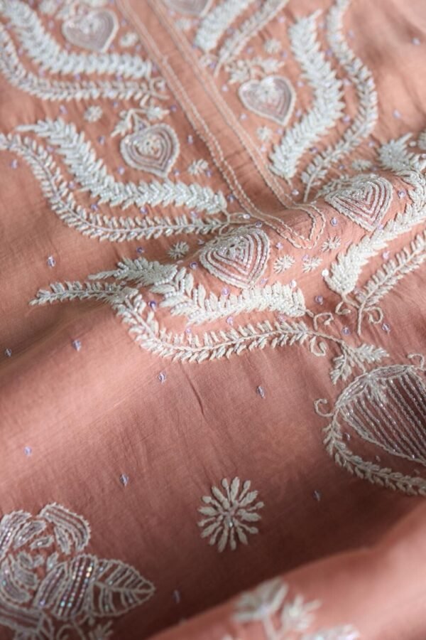 Peach Malmals Pearl Work Chikankari Fabrics - Image 10