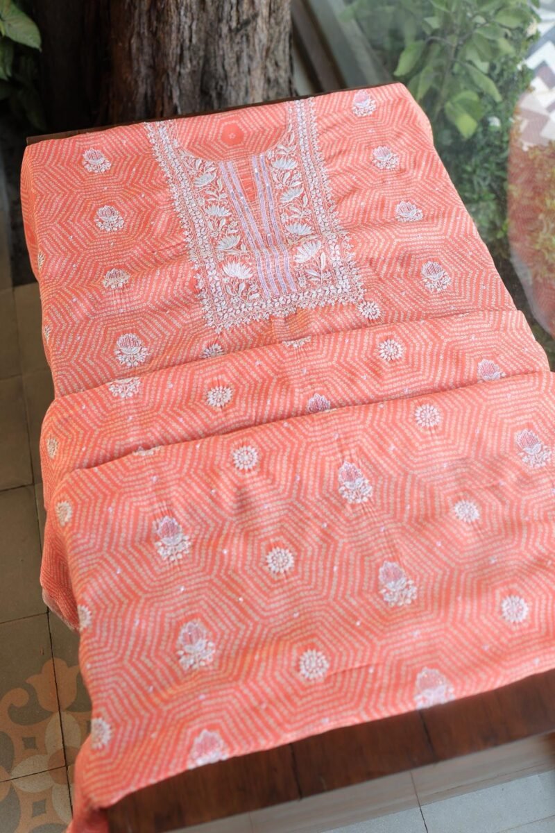 Peach Muslin Chikankari Kurta Fabrics