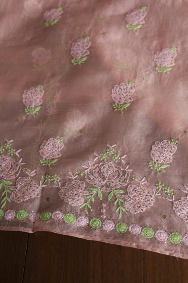 Peach Noor Organza Silk Chikankari Unstitched Kurta Dupatta Set - Image 11