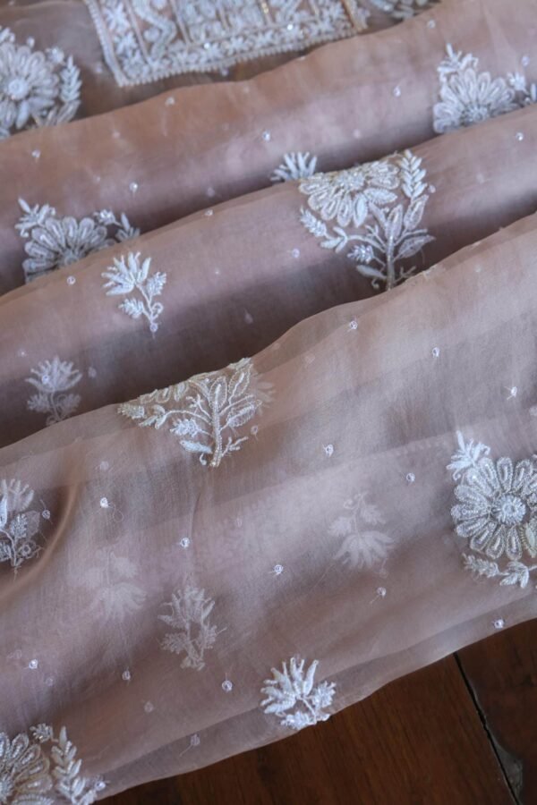 Peach Noor Organza Silk Chikankari Unstitched Kurta Dupatta Set - Image 14