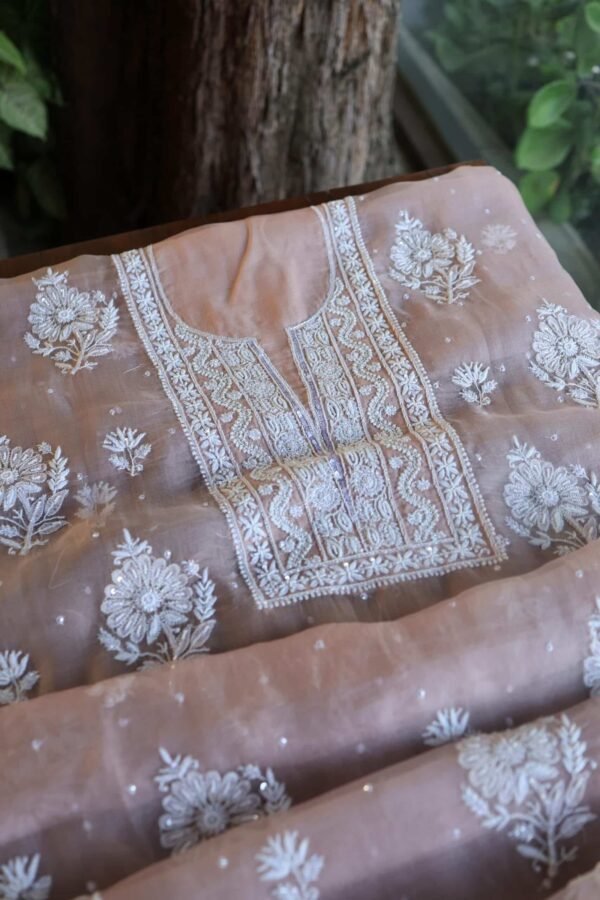 Peach Noor Organza Silk Chikankari Unstitched Kurta Dupatta Set - Image 8