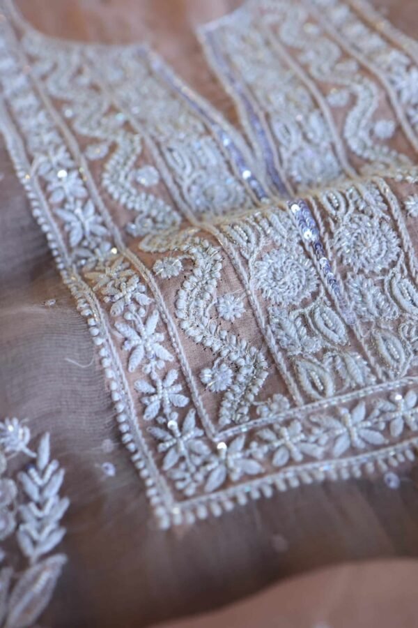 Peach Noor Organza Silk Chikankari Unstitched Kurta Dupatta Set - Image 10
