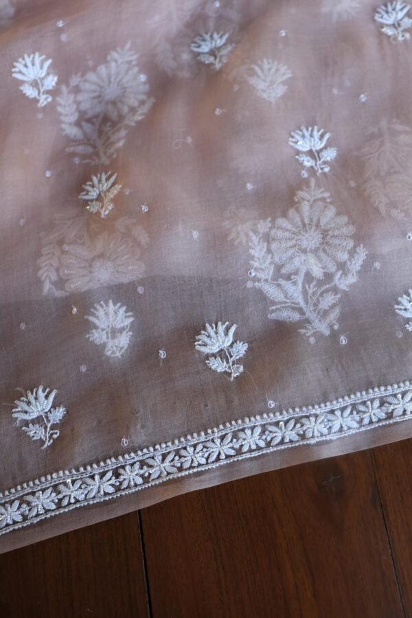 Peach Noor Organza Silk Chikankari Unstitched Kurta Dupatta Set - Image 11