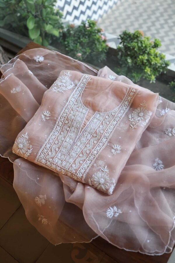 Peach Noor Organza Silk Chikankari Unstitched Kurta Dupatta Set - Image 4