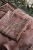Peach Noor Organza Silk Chikankari Unstitched Kurta Dupatta Set