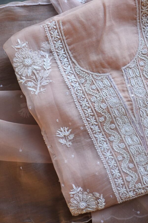Peach Noor Organza Silk Chikankari Unstitched Kurta Dupatta Set - Image 3