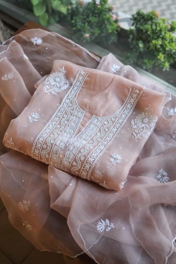 Peach Noor Organza Silk Chikankari Unstitched Kurta Dupatta Set - Image 6