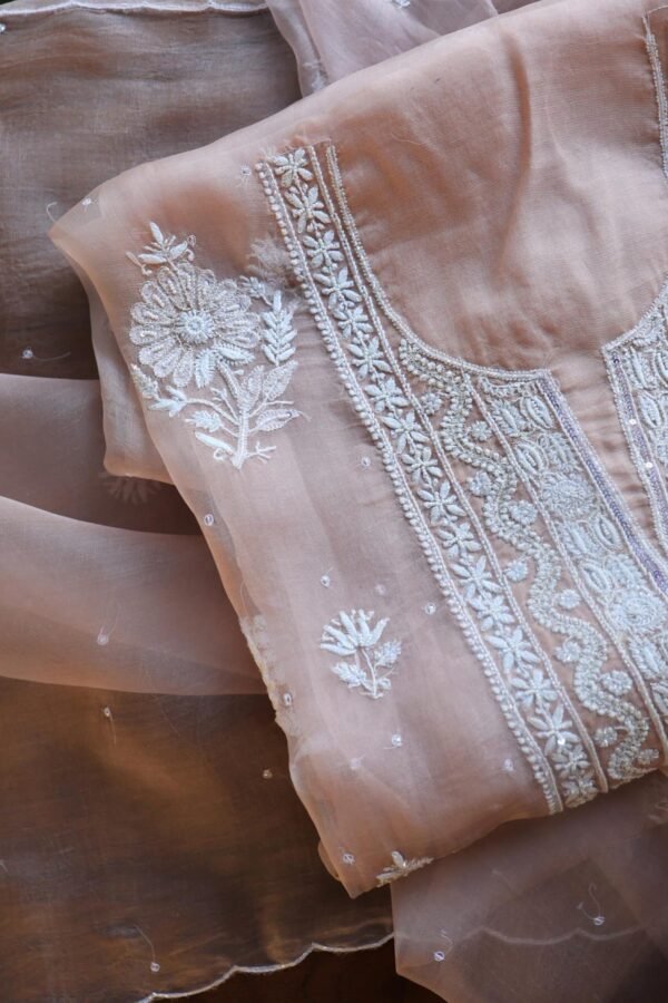 Peach Noor Organza Silk Chikankari Unstitched Kurta Dupatta Set