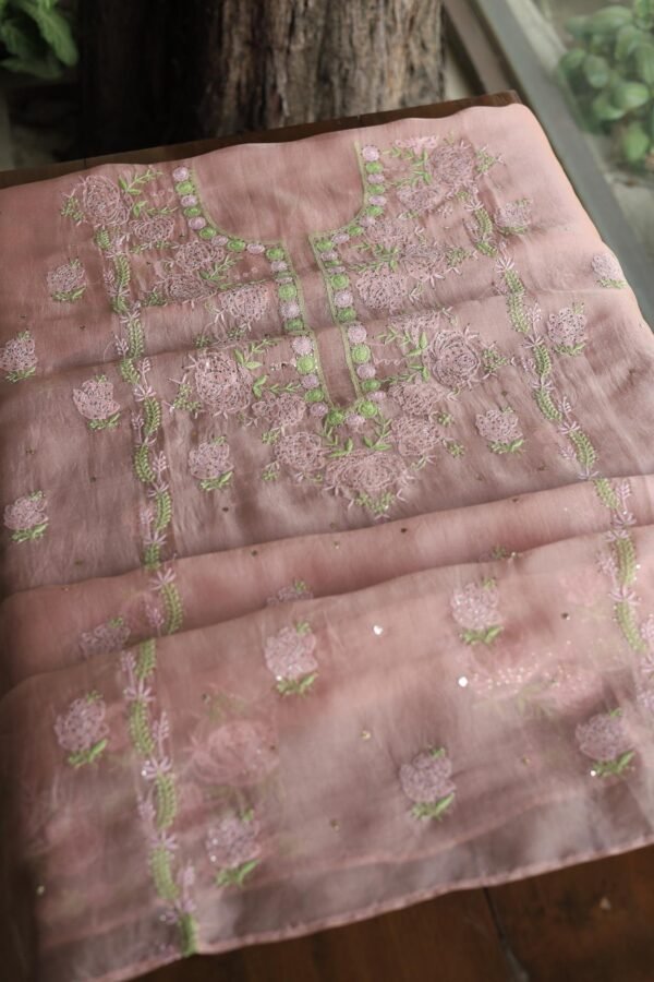 Peach Noor Organza Silk Chikankari Unstitched Kurta Dupatta Set - Image 7