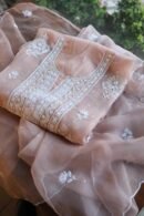 Peach Noor Organza Silk Chikankari Unstitched Kurta Dupatta Set