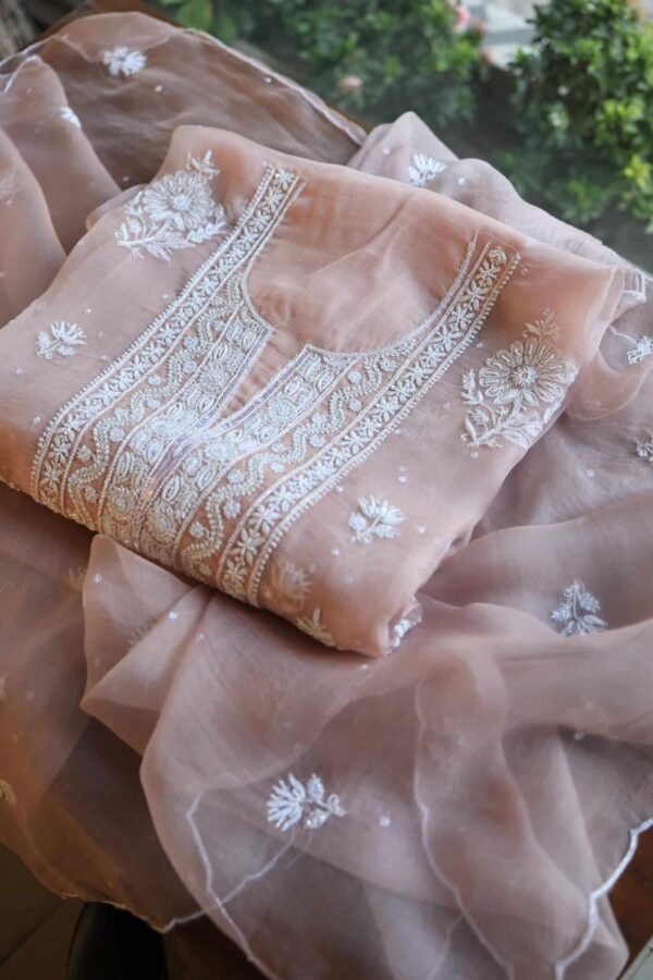 Peach Noor Organza Silk Chikankari Unstitched Kurta Dupatta Set - Image 5