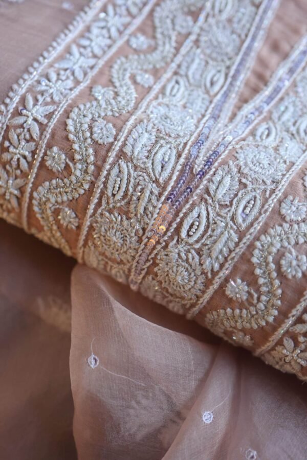 Peach Noor Organza Silk Chikankari Unstitched Kurta Dupatta Set - Image 2