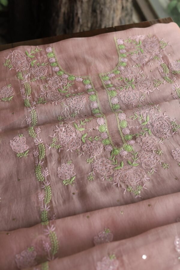 Peach Noor Organza Silk Chikankari Unstitched Kurta Dupatta Set - Image 9