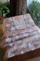 Peach Noor Organza Silk Chikankari Unstitched Kurta Dupatta Set