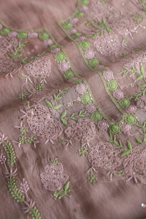 Peach Noor Organza Silk Chikankari Unstitched Kurta Dupatta Set - Image 10