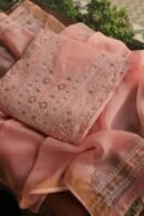 Peach Paper Tussar Resham Chikankari Unstitched Kurta Dupatta Set
