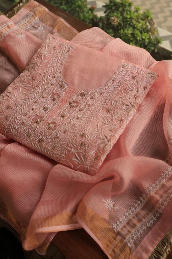 Peach Paper Tussar Resham Chikankari Unstitched Kurta Dupatta Set - Image 4