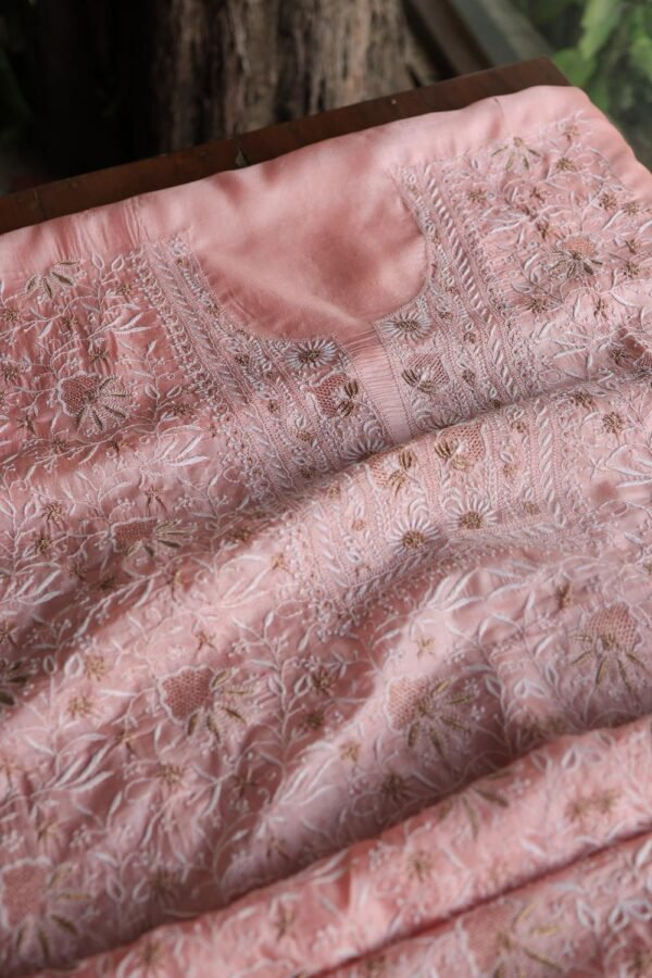 Peach Paper Tussar Resham Chikankari Unstitched Kurta Dupatta Set - Image 12