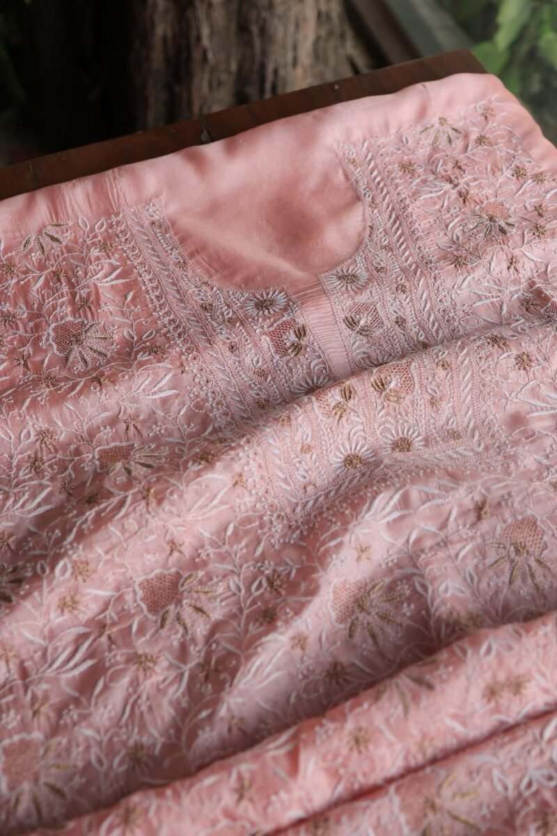 Peach Paper Tussar Resham Chikankari Unstitched Kurta Dupatta Set