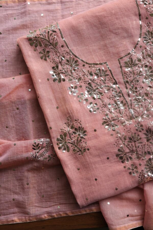 Peach Roheen Tissue Silk Mukaish Badla Fabric - Image 3