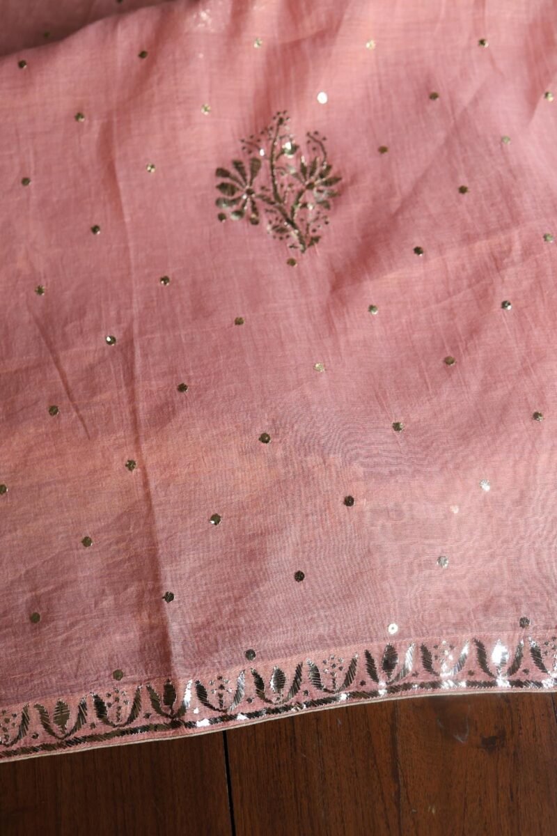 Peach Roheen Tissue Silk Mukaish Badla Fabric