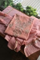 Peach Roheen Tissue Silk Mukaish Badla Fabric