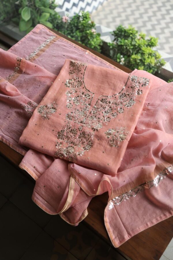 Peach Roheen Tissue Silk Mukaish Badla Fabric - Image 7