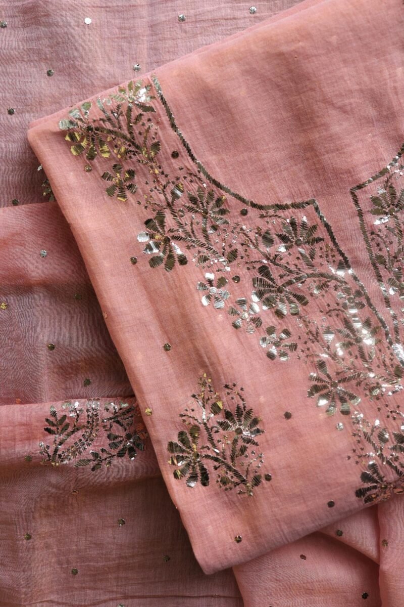 Peach Roheen Tissue Silk Mukaish Badla Fabric