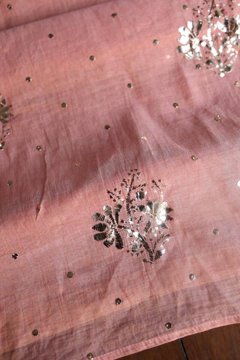 Peach Roheen Tissue Silk Mukaish Badla Fabric