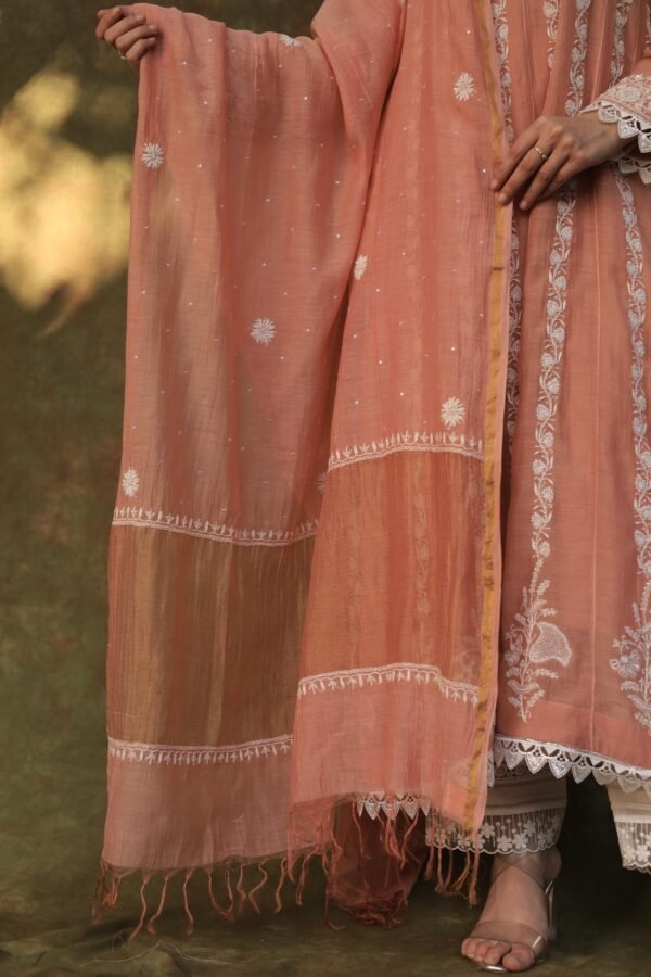 Peach Shade Mulmul Work With Chikankari Ready To Wear Anarkali With Dupatta - Image 10
