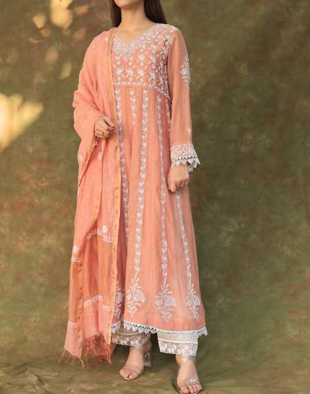 Peach Shade Mulmul Work With Chikankari Ready To Wear Anarkali With Dupatta