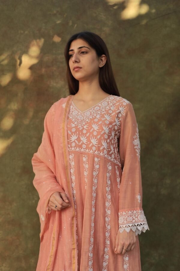 Peach Shade Mulmul Work With Chikankari Ready To Wear Anarkali With Dupatta - Image 7
