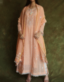 Peach & White Mulmul Pearl Work Chikankari Anarkali With Dupatta