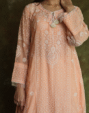 Peach & White Mulmul Pearl Work Chikankari Anarkali With Dupatta
