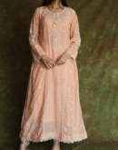 Peach & White Mulmul Pearl Work Chikankari Anarkali With Dupatta
