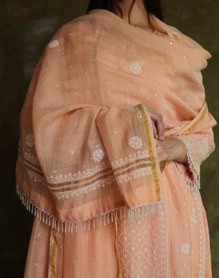 Peach & White Mulmul Pearl Work Chikankari Anarkali With Dupatta