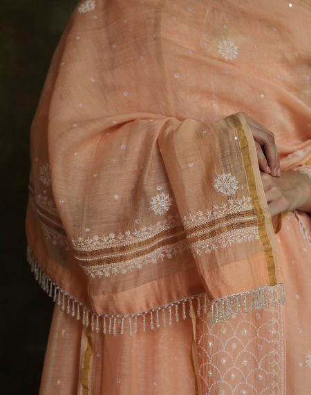 Peach & White Mulmul Pearl Work Chikankari Anarkali With Dupatta