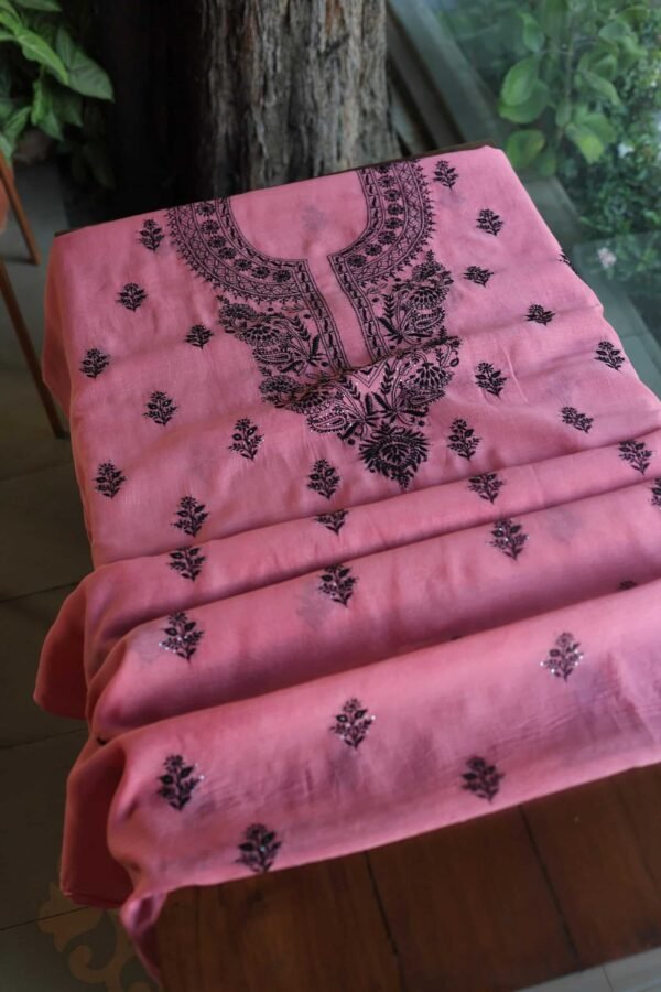 Pink & Black Mal Cotton Chikankari Unstitched Kurta Dupatta Fabrics With Kamdani - Image 15