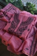 Pink & Black Mal Cotton Chikankari Unstitched Kurta Dupatta Fabrics With Kamdani